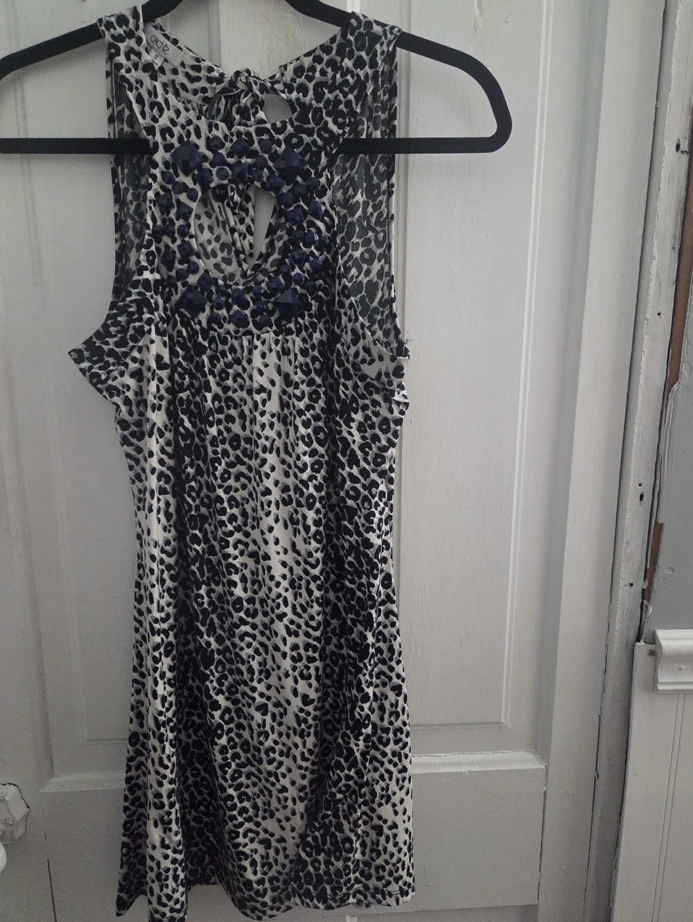 Cache Sleeveless Black & White Leopard Print Dress with Blue Gem Accent In Small
